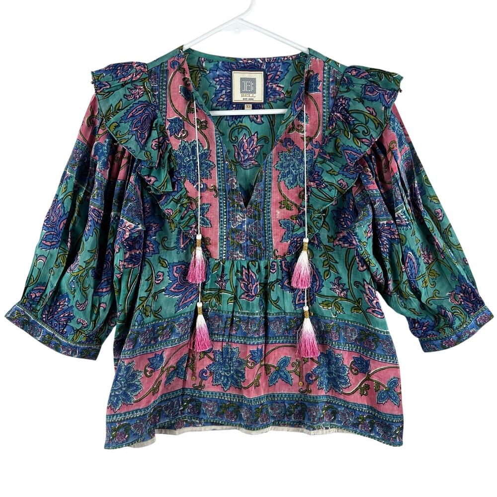 BELL by Alicia Bell Womens Boho Peasant Blouse XS Teal Pink Floral Tassel Silk